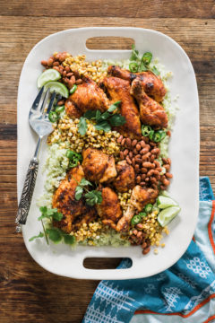 Molasses Glazed Sriracha Chicken with Roasted Corn, Beans and Cilantro Lime Rice