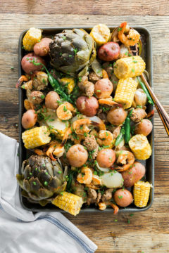 Summer Shrimp Boil with Sausage, Corn, Potatoes & Artichoke